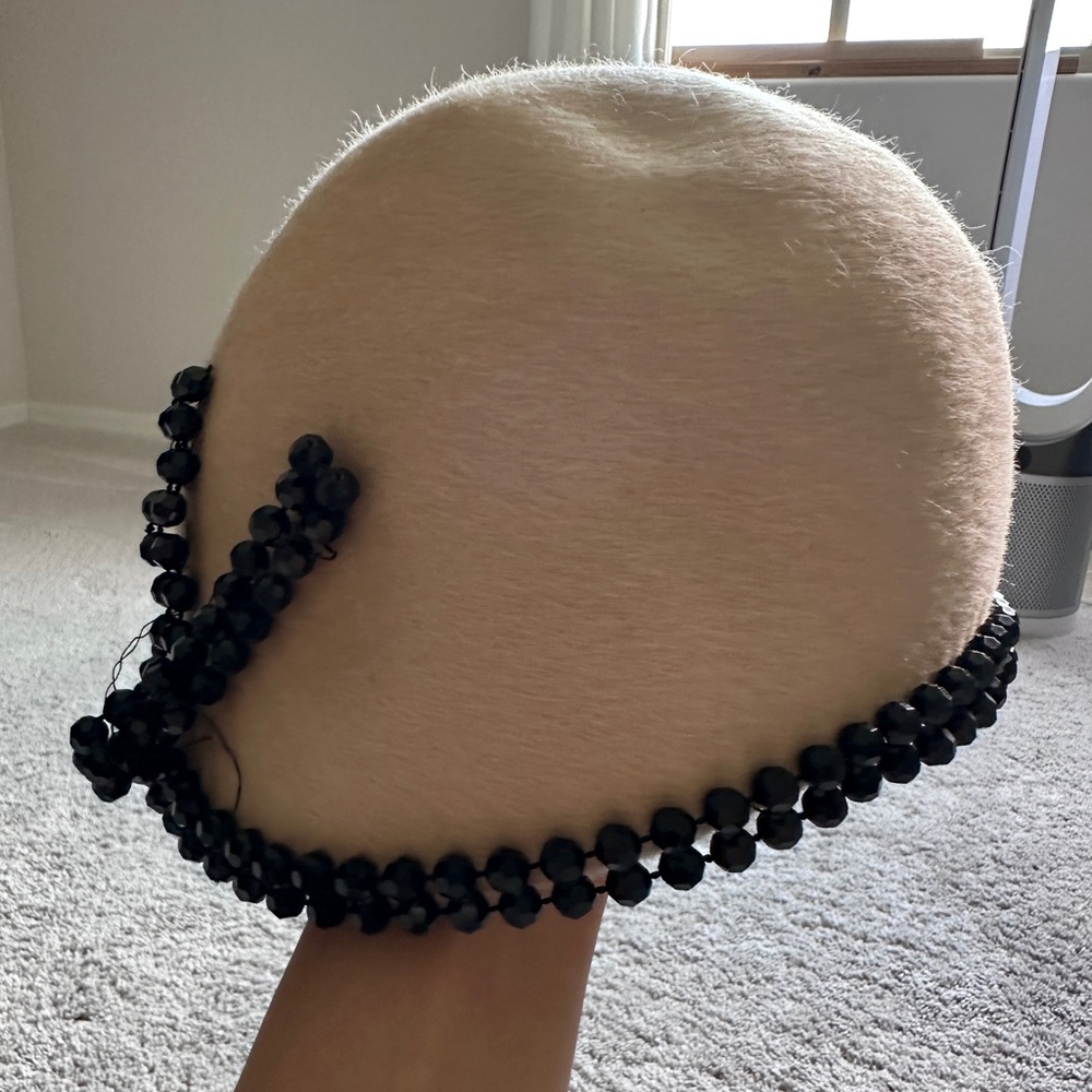 Vintage Mr John wool hat beige with black beads rim rhinestones
